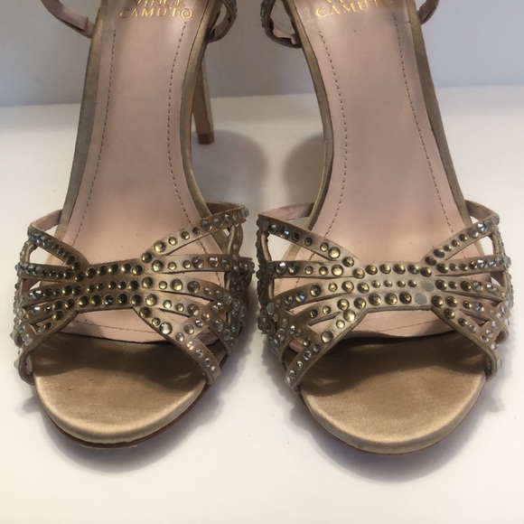 Vince Camuto Metallic Gold Open Toe Rhinestone Back Zip Heels size 8.5M - Picture 9 of 16